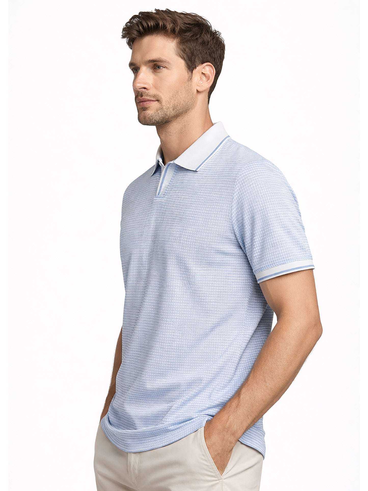 Light Blue Men’s Textured Polo T-Shirt – Regular Fit Smart Casual Wear