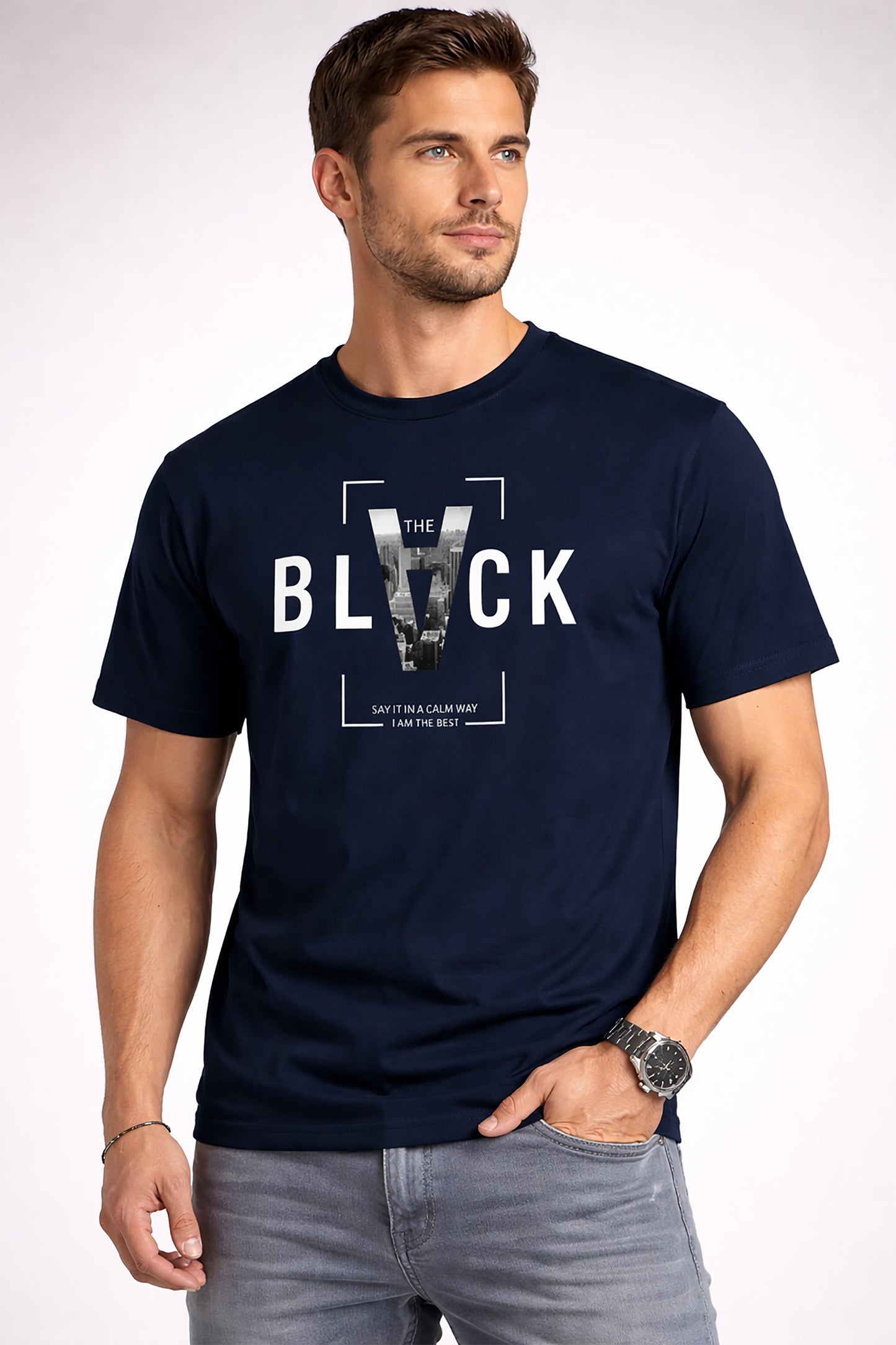 Navy Blue Men’s Graphic Print T-Shirt – Regular Fit Casual Wear
