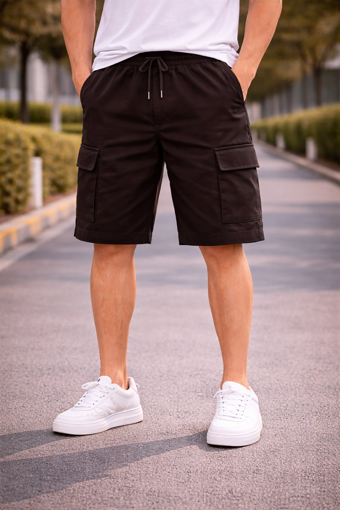 Dark Brown Men's Cotton Blend Elastic Waist Drawstring Cargo Shorts