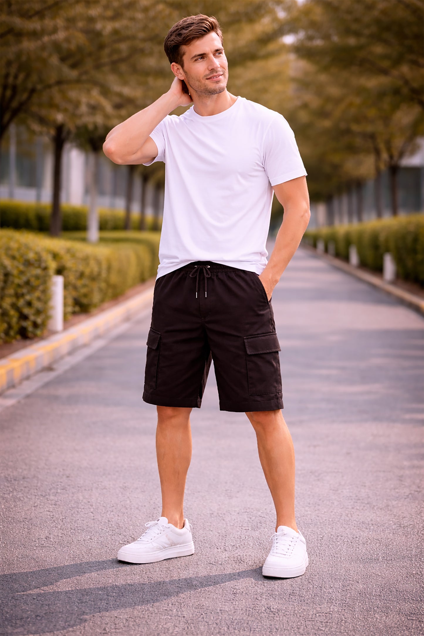 Dark Brown Men's Cotton Blend Elastic Waist Drawstring Cargo Shorts