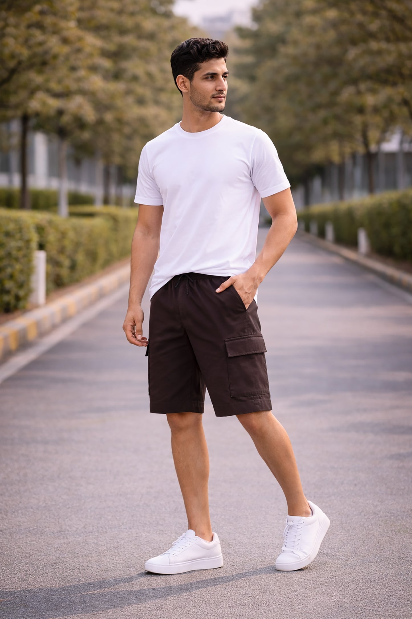 Dark Brown Men's Cotton Blend Elastic Waist Drawstring Cargo Shorts
