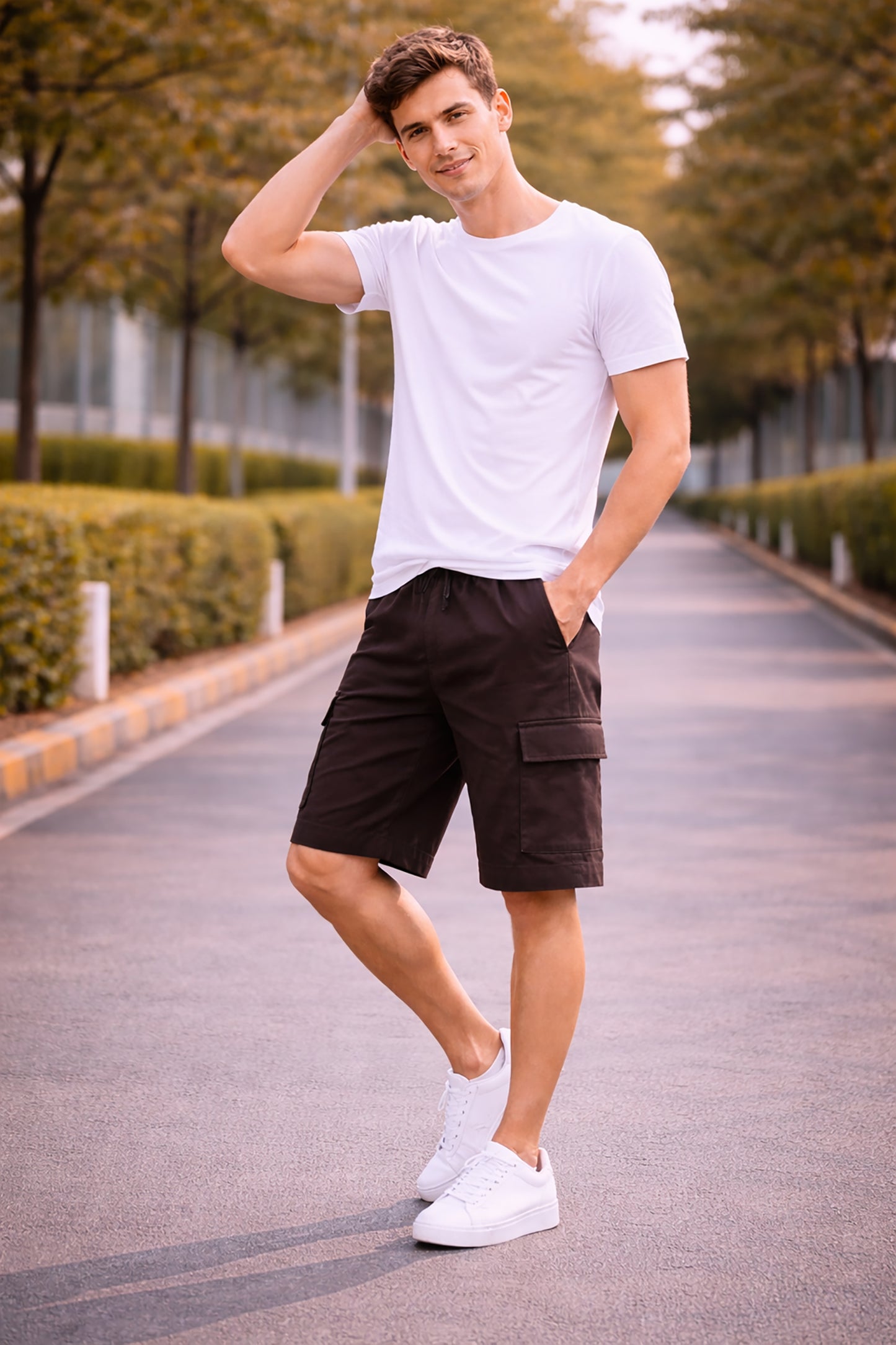 Dark Brown Men's Cotton Blend Elastic Waist Drawstring Cargo Shorts