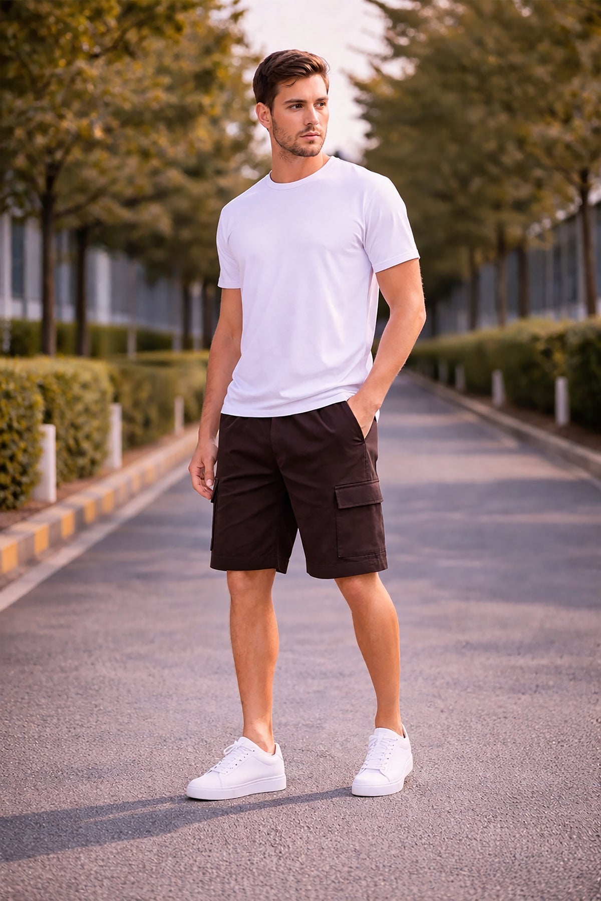 Dark Brown Men's Cotton Blend Elastic Waist Drawstring Cargo Shorts Main image