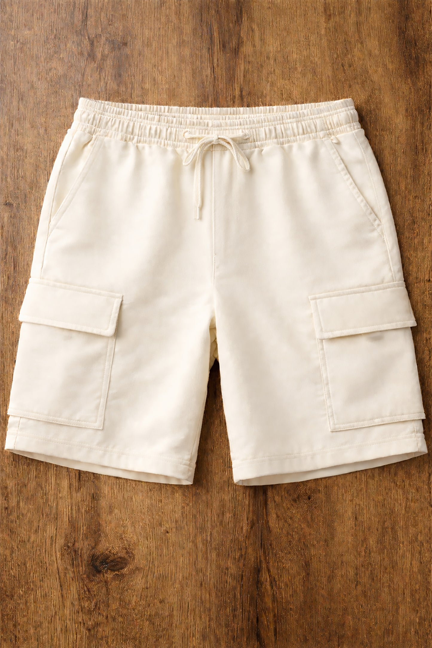 Cream Men's  Solid Cotton Blend Elastic Waist Drawstring Cargo Shorts