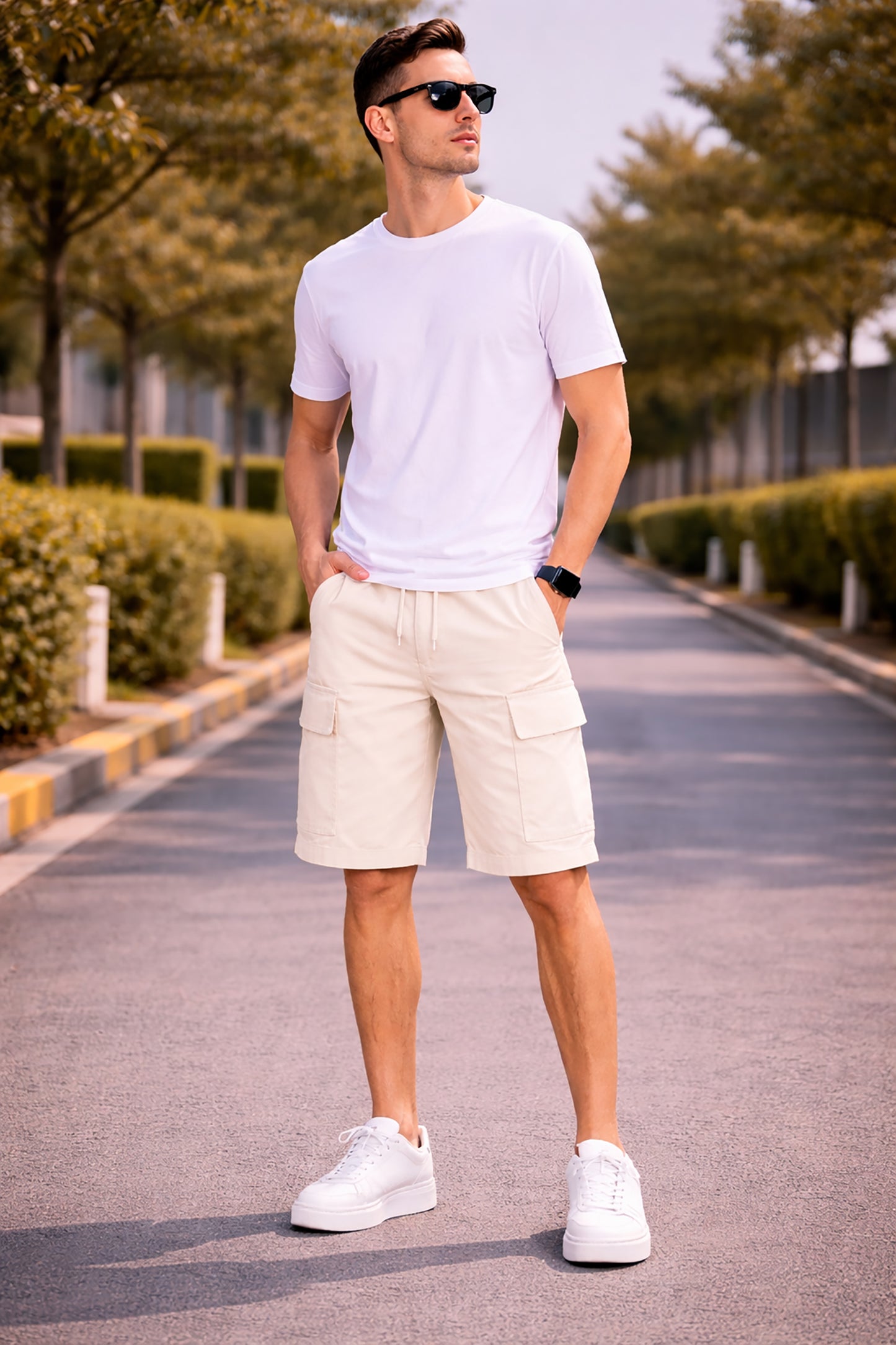 Cream Men's  Solid Cotton Blend Elastic Waist Drawstring Cargo Shorts