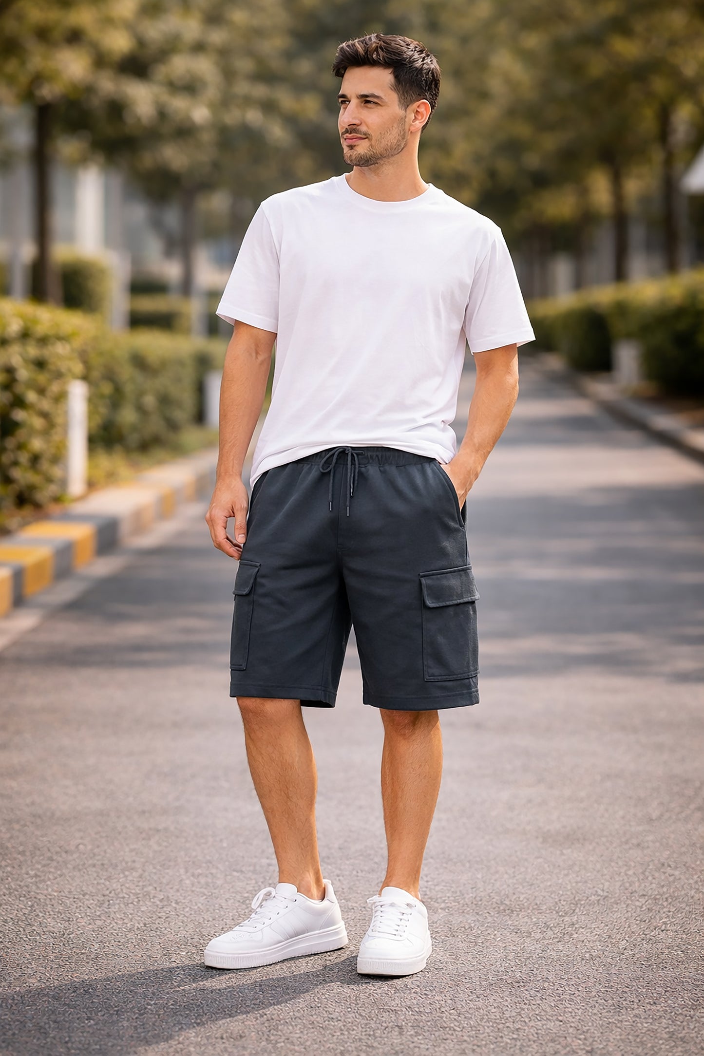 Dark Grey Men's Cotton Blend Elastic Waist Drawstring Cargo Shorts