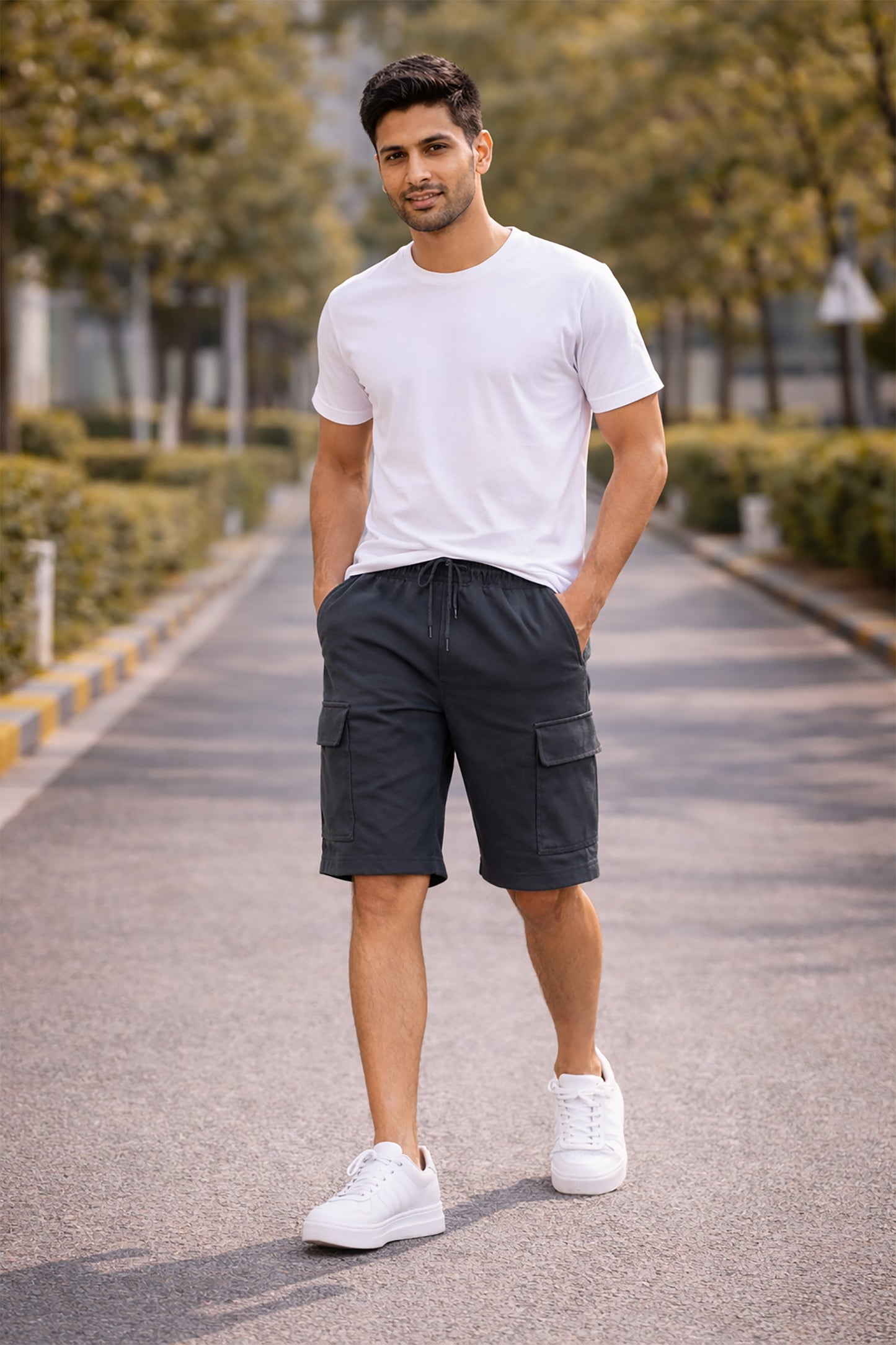 Dark Grey Men's Cotton Blend Elastic Waist Drawstring Cargo Shorts