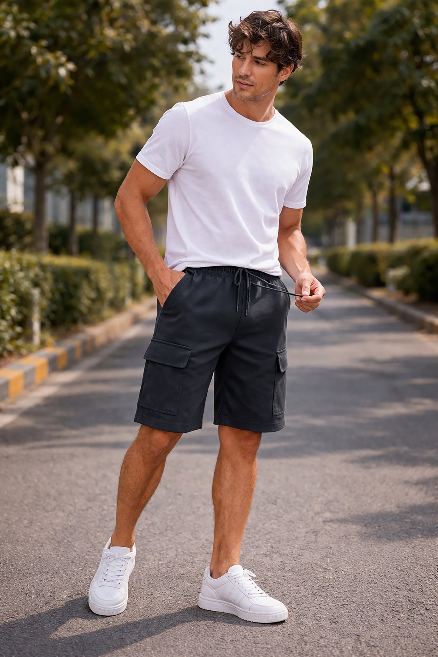 Dark Grey Men's Cotton Blend Elastic Waist Drawstring Cargo Shorts