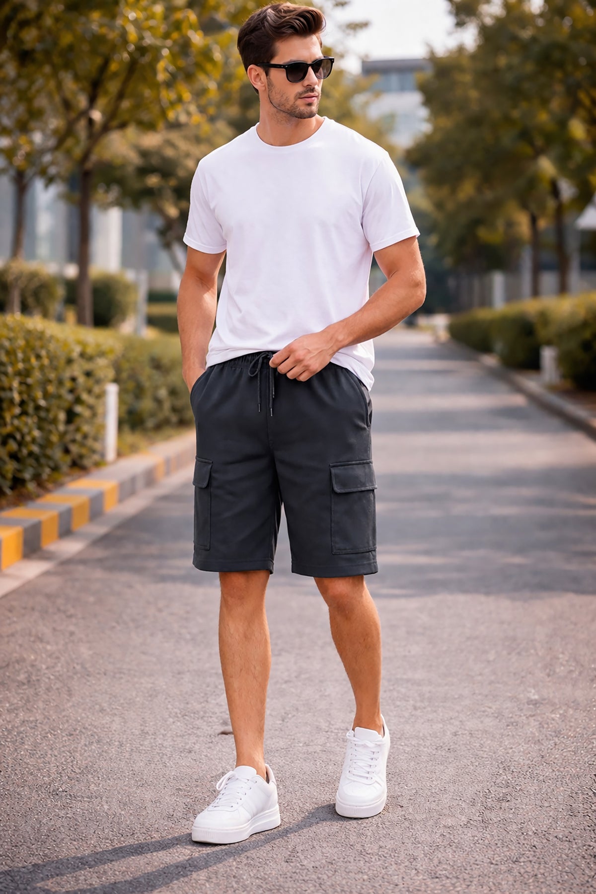Dark Grey Men's Cotton Blend Elastic Waist Drawstring Cargo Shorts Main image