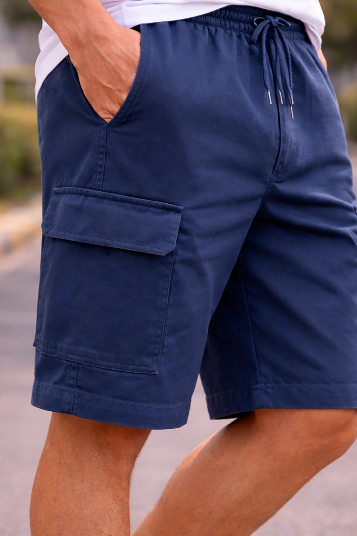 Teal Blue Men's Cotton Blend Elastic Waist Drawstring Cargo Shorts