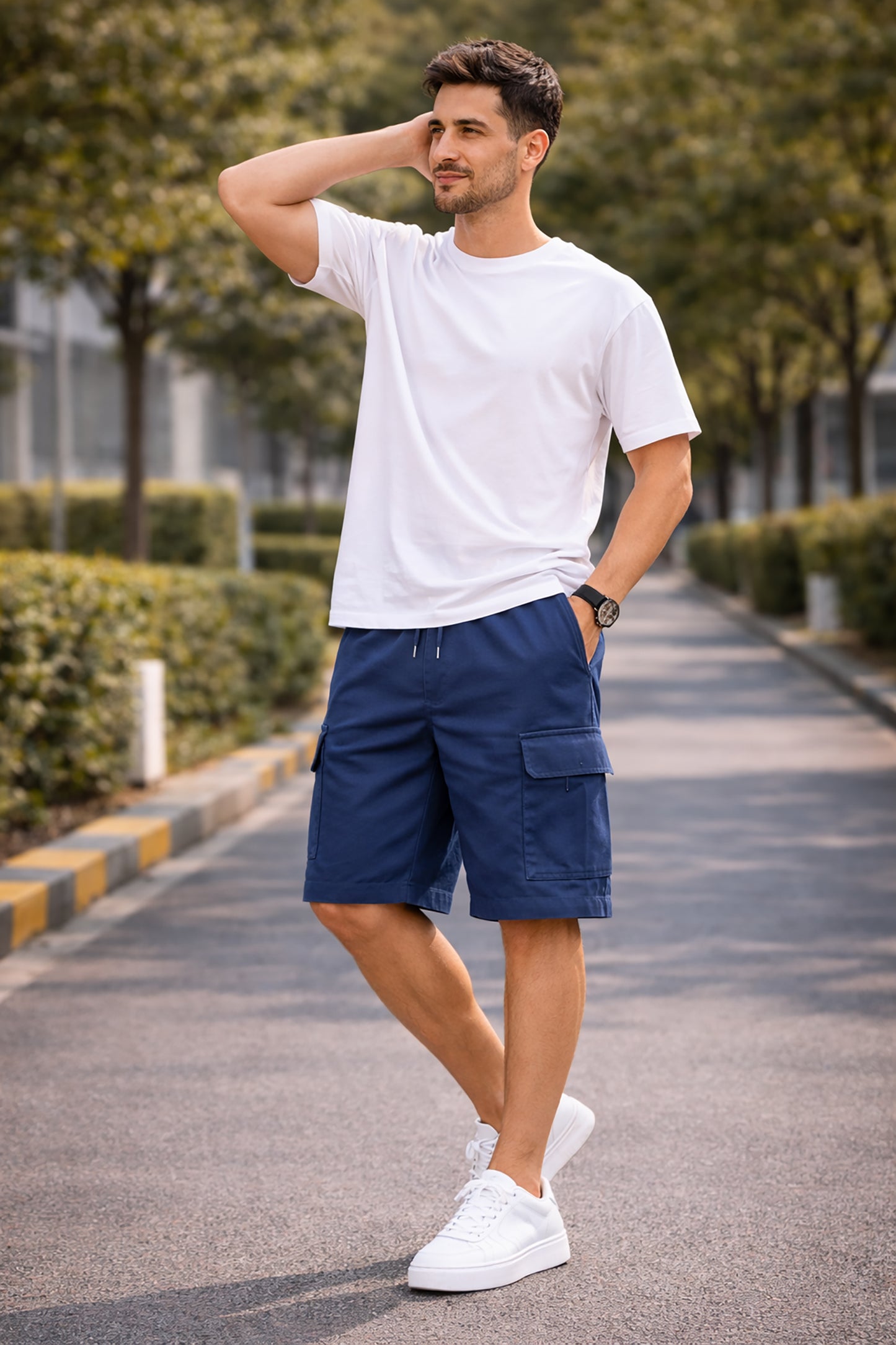 Teal Blue Men's Cotton Blend Elastic Waist Drawstring Cargo Shorts
