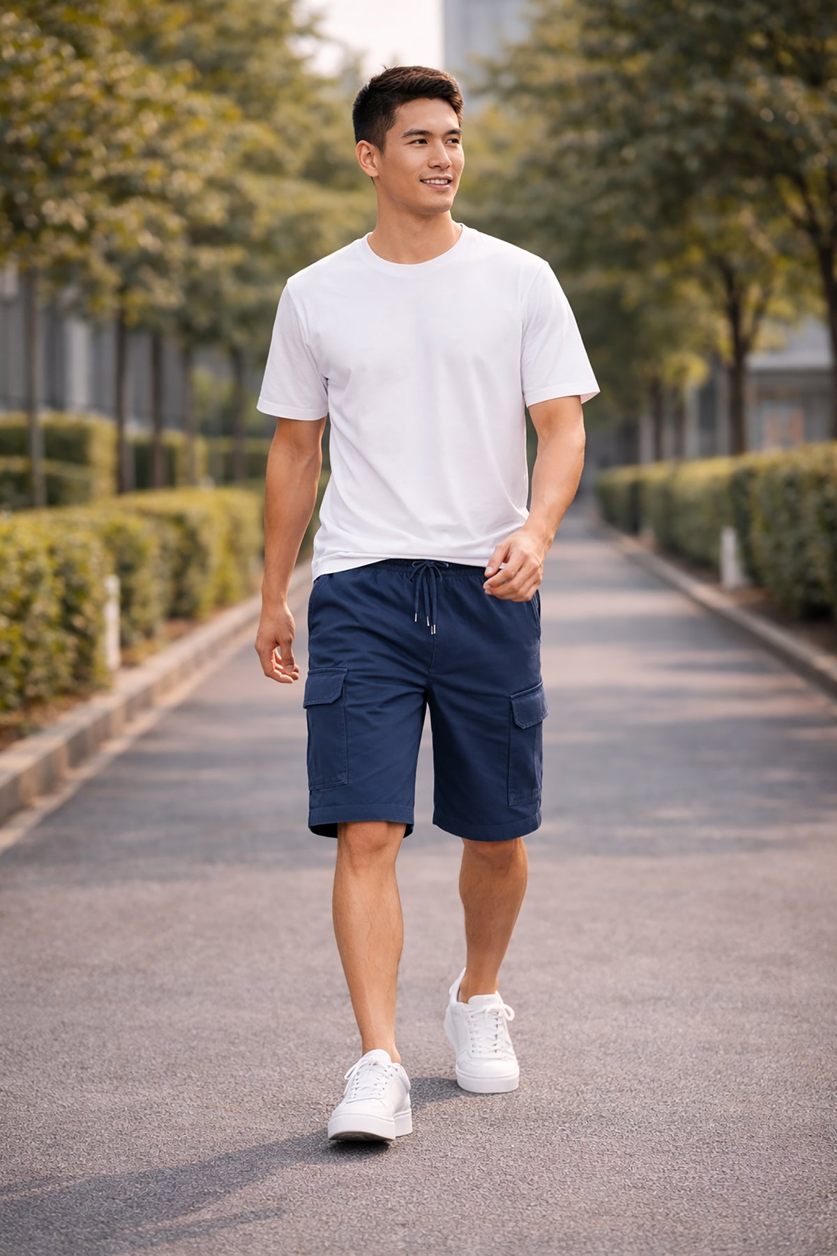 Teal Blue Men's Cotton Blend Elastic Waist Drawstring Cargo Shorts Main image