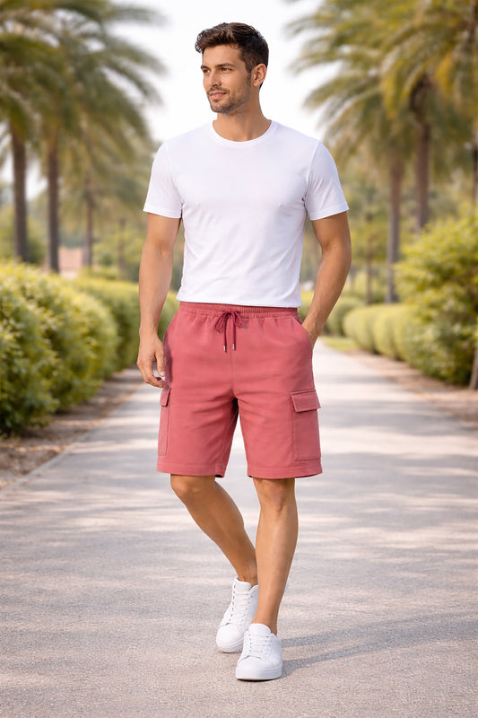 Dusky Rose Men's Cotton Blend Elastic Waist Drawstring Cargo Shorts