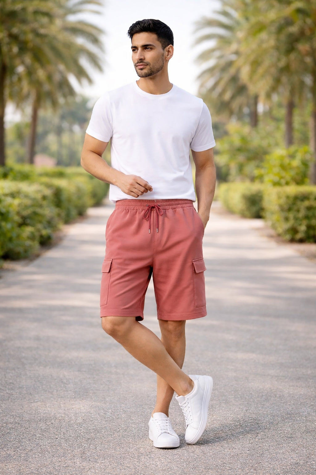 Dusky Rose Men's Cotton Blend Elastic Waist Drawstring Cargo Shorts