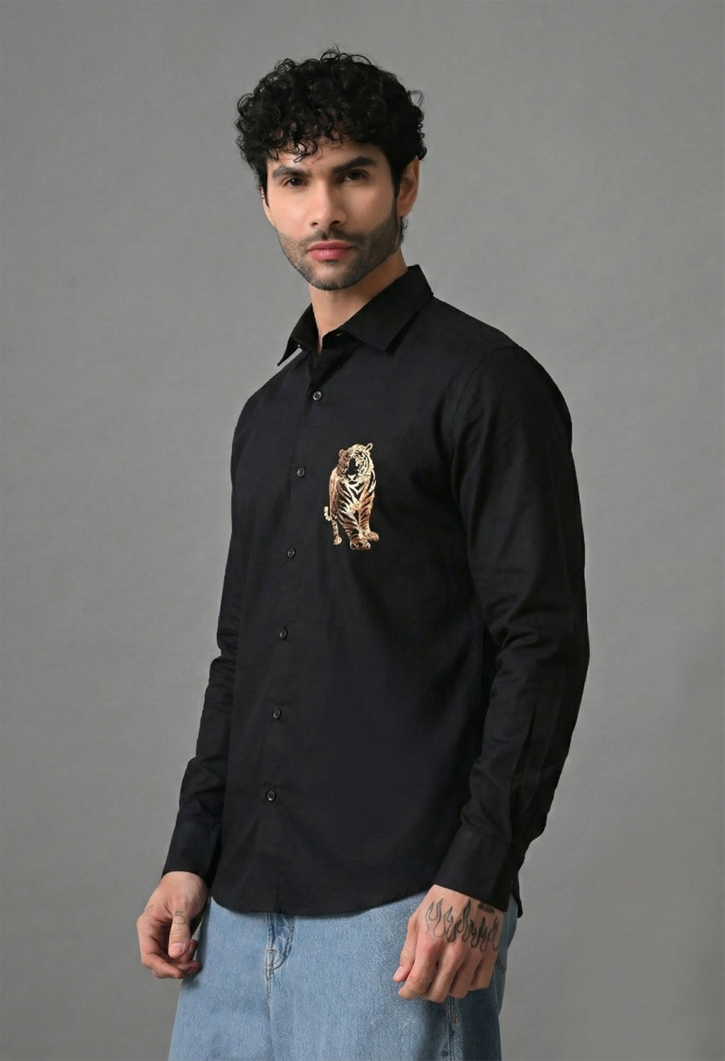 Black Men's Graphic Printed Cotton Poplin Regular Fit Full Sleeve Formal Shirts