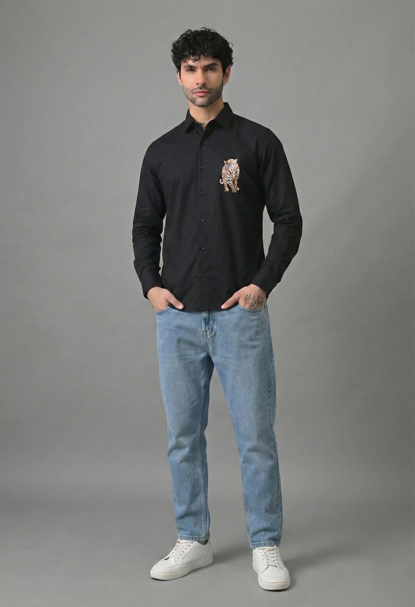 Black Men's Graphic Printed Cotton Poplin Regular Fit Full Sleeve Formal Shirts