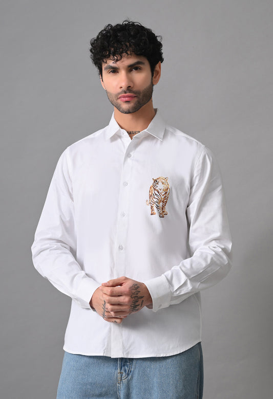 White Men's Graphic Printed Cotton Poplin Regular Fit Full Sleeve Formal Shirts