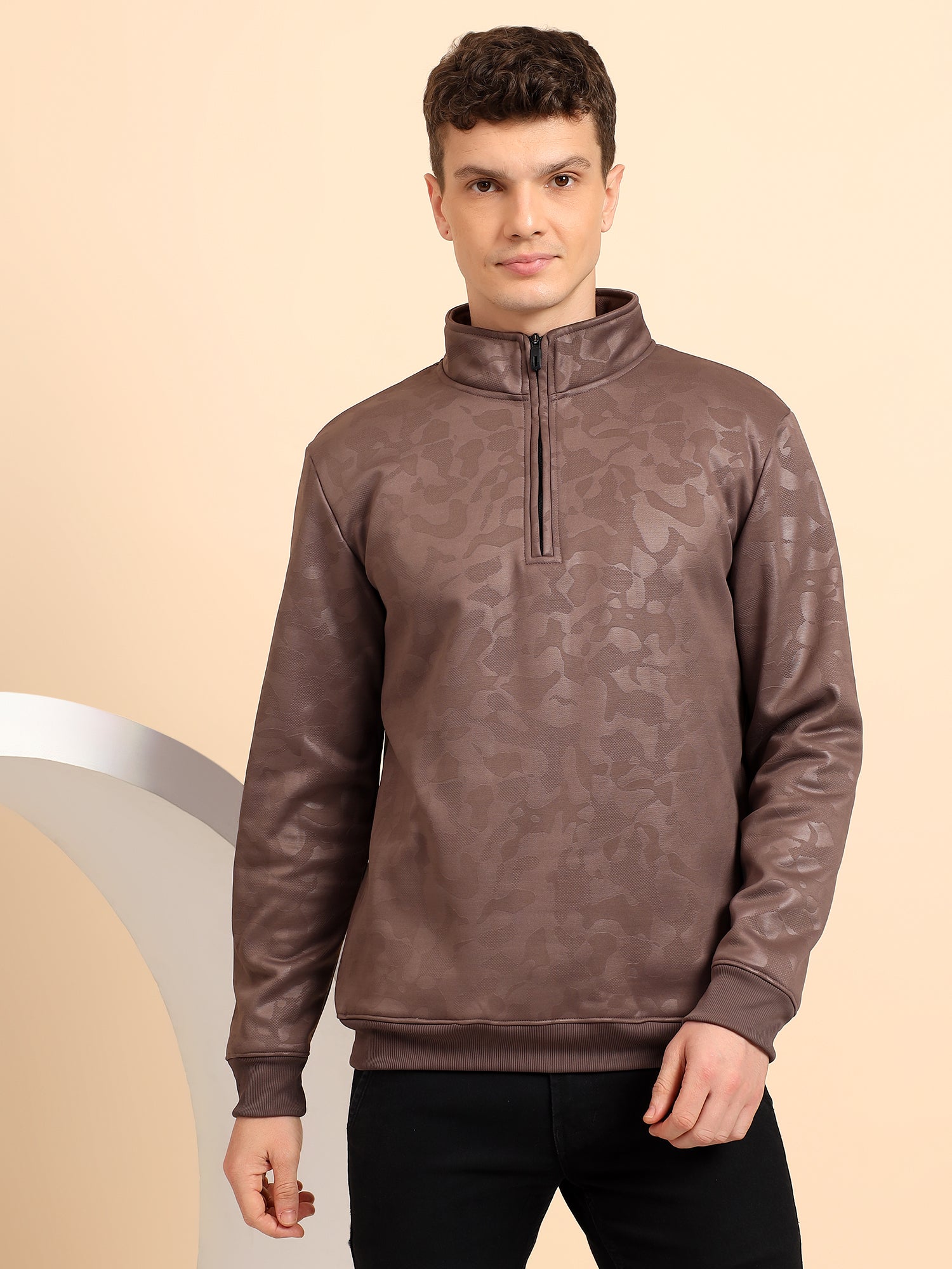 Taupe Brown High Neck Zipper Camouflage Pattern Sweatshirt