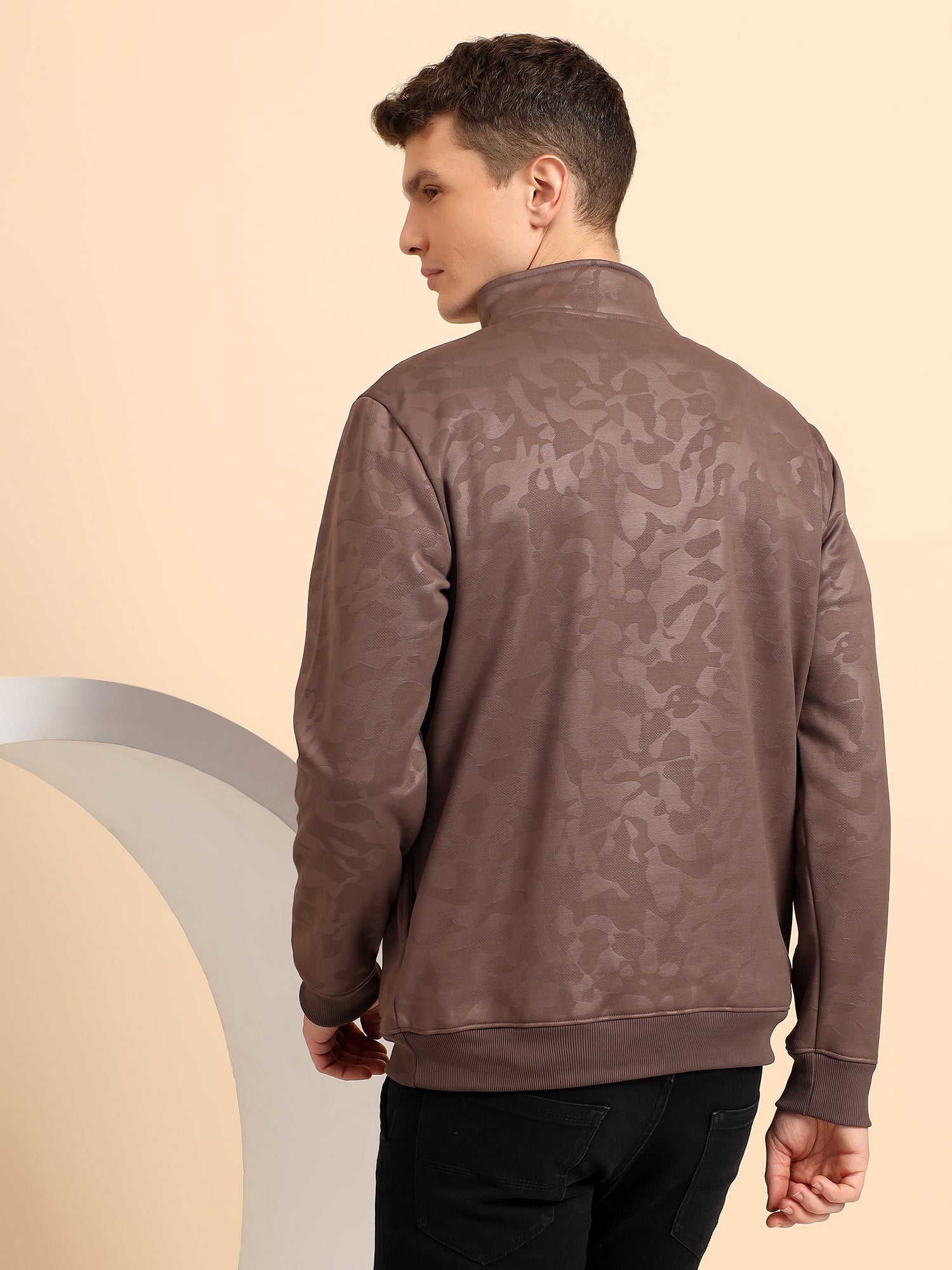 Taupe Brown High Neck Zipper Camouflage Pattern Sweatshirt