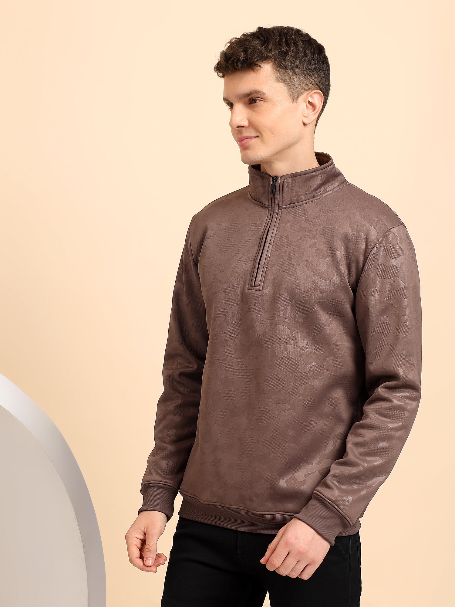 Taupe Brown High Neck Zipper Camouflage Pattern Sweatshirt
