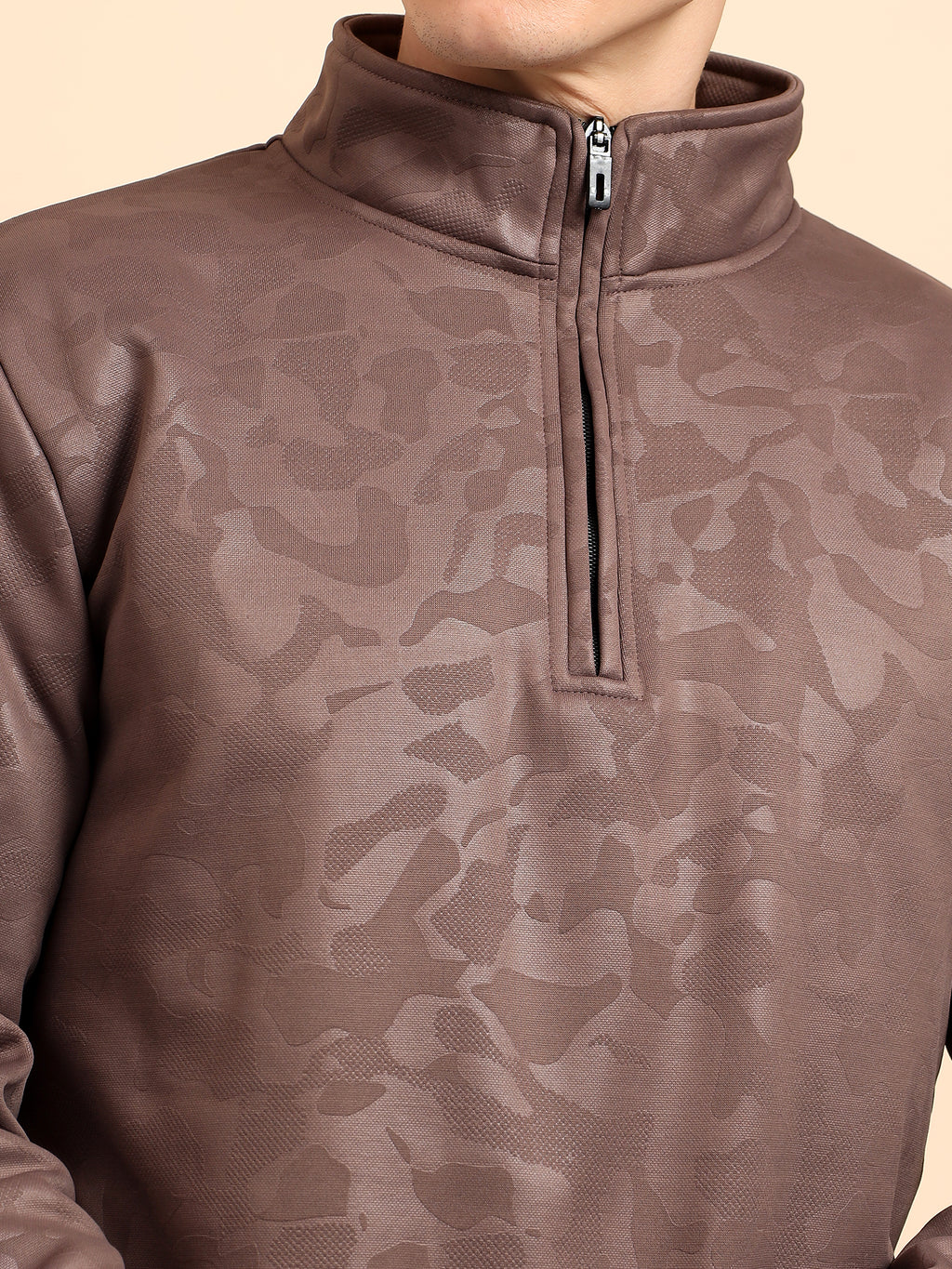 Taupe Brown High Neck Zipper Camouflage Pattern Sweatshirt