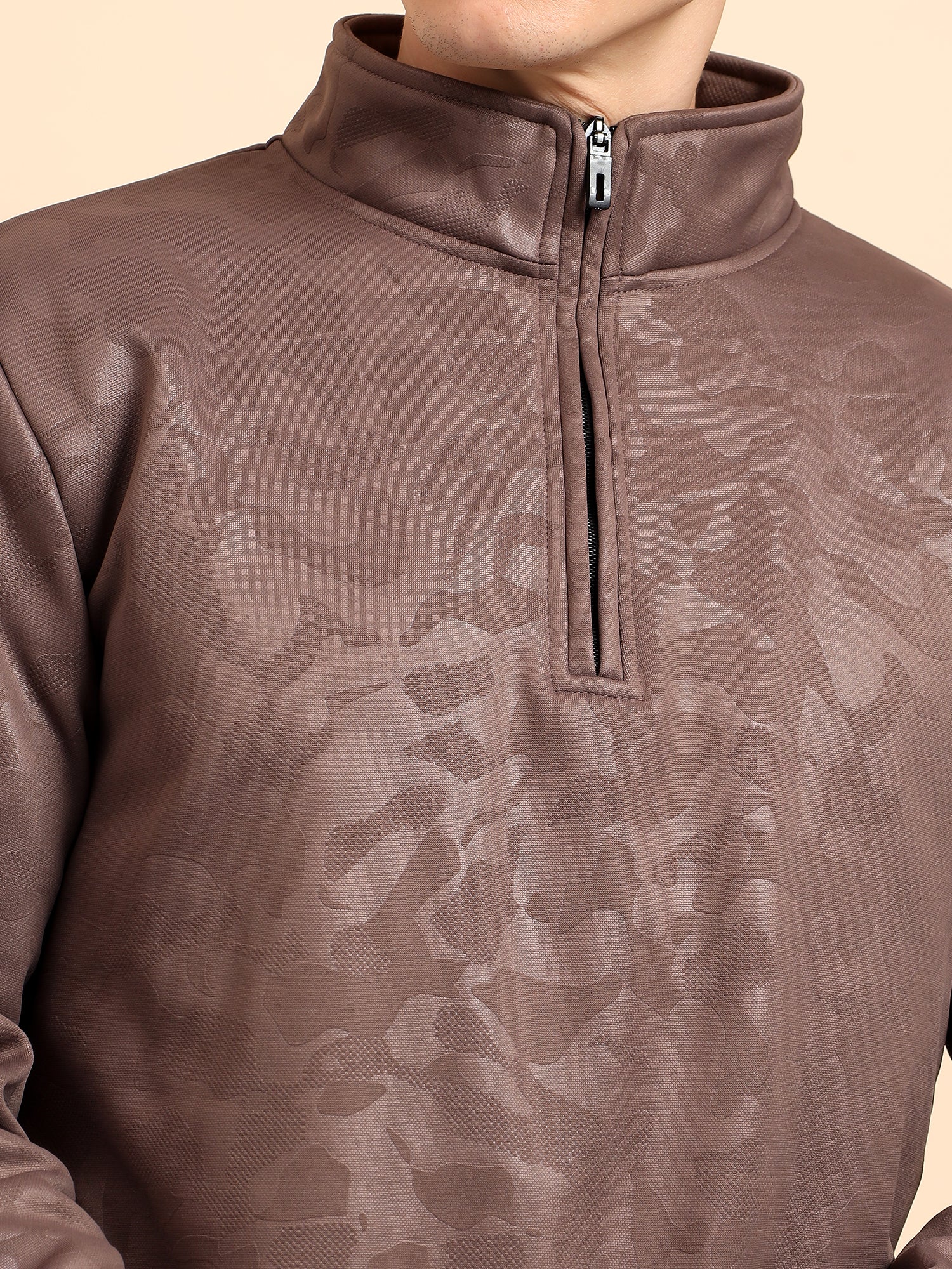 Taupe Brown High Neck Zipper Camouflage Pattern Sweatshirt