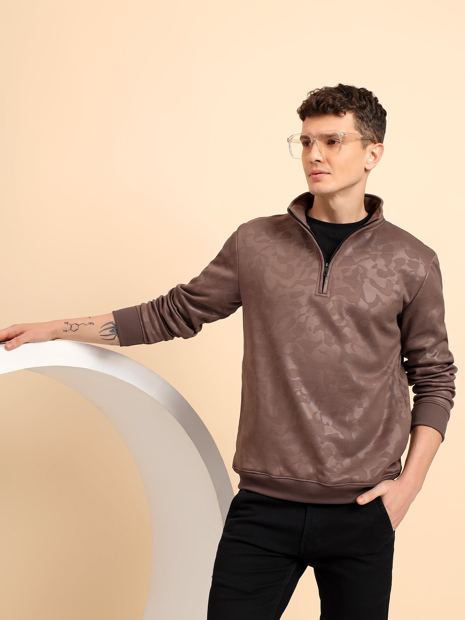 Taupe Brown High Neck Zipper Camouflage Pattern Sweatshirt
