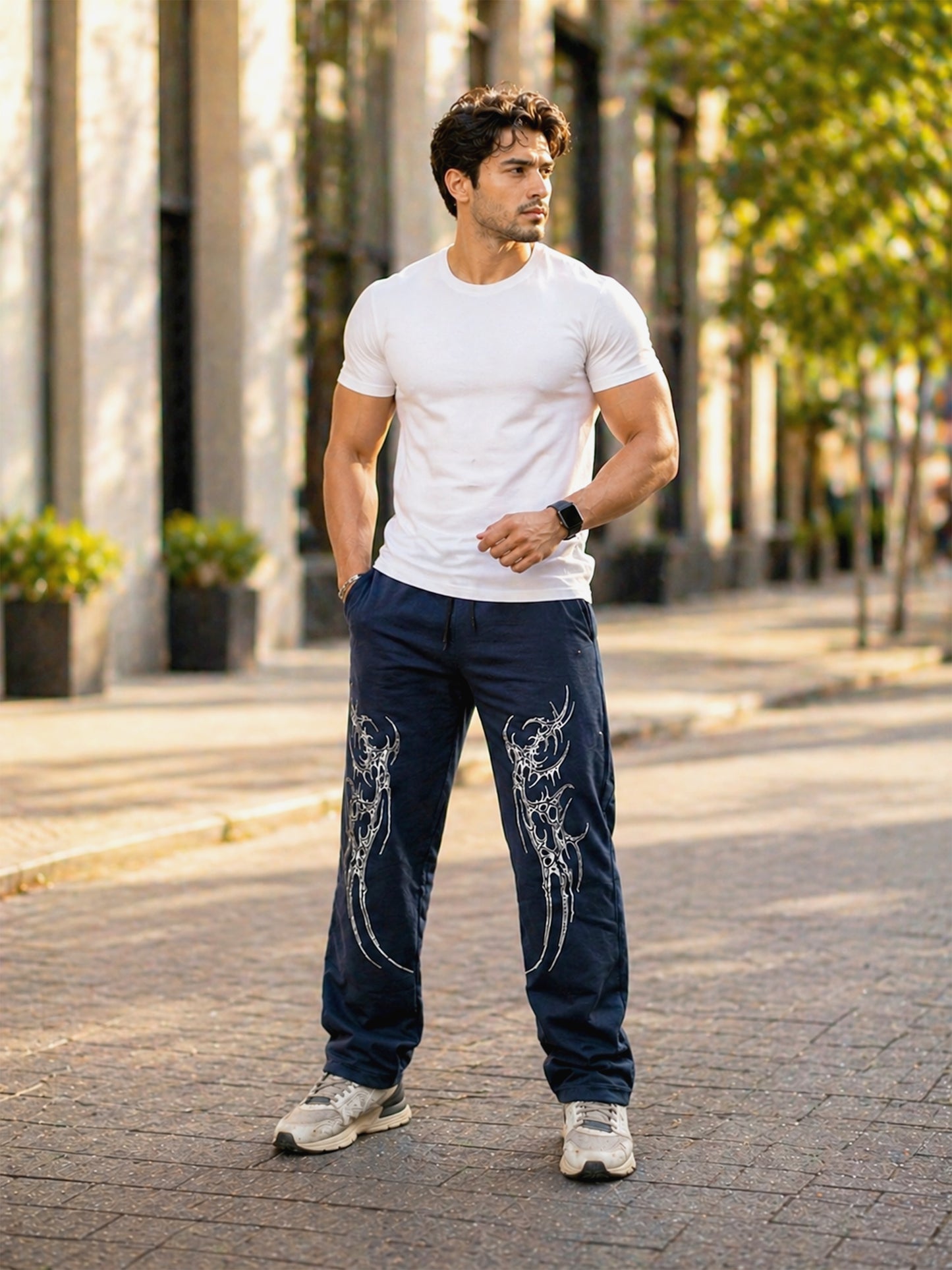 Navy Blue Men’s Graphic Printed Joggers – Regular Fit Streetwear Casual Wear