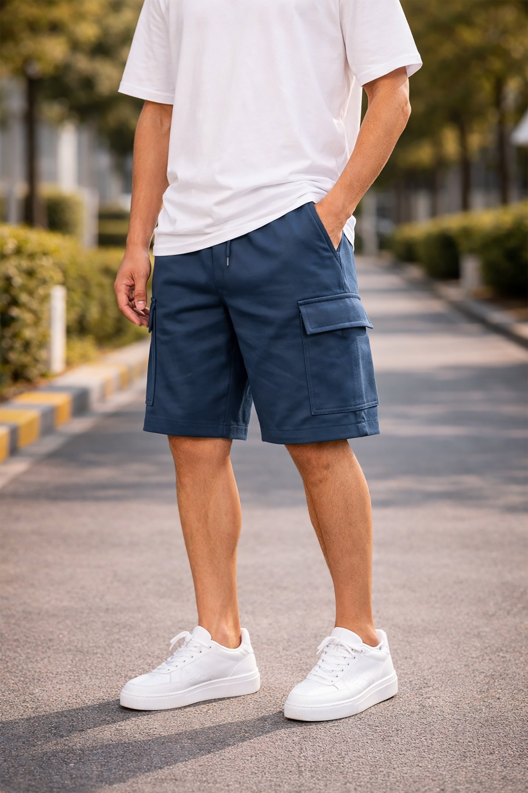 Teal Blue Men's Cotton Blend Elastic Waist Drawstring Cargo Shorts Secondary image
