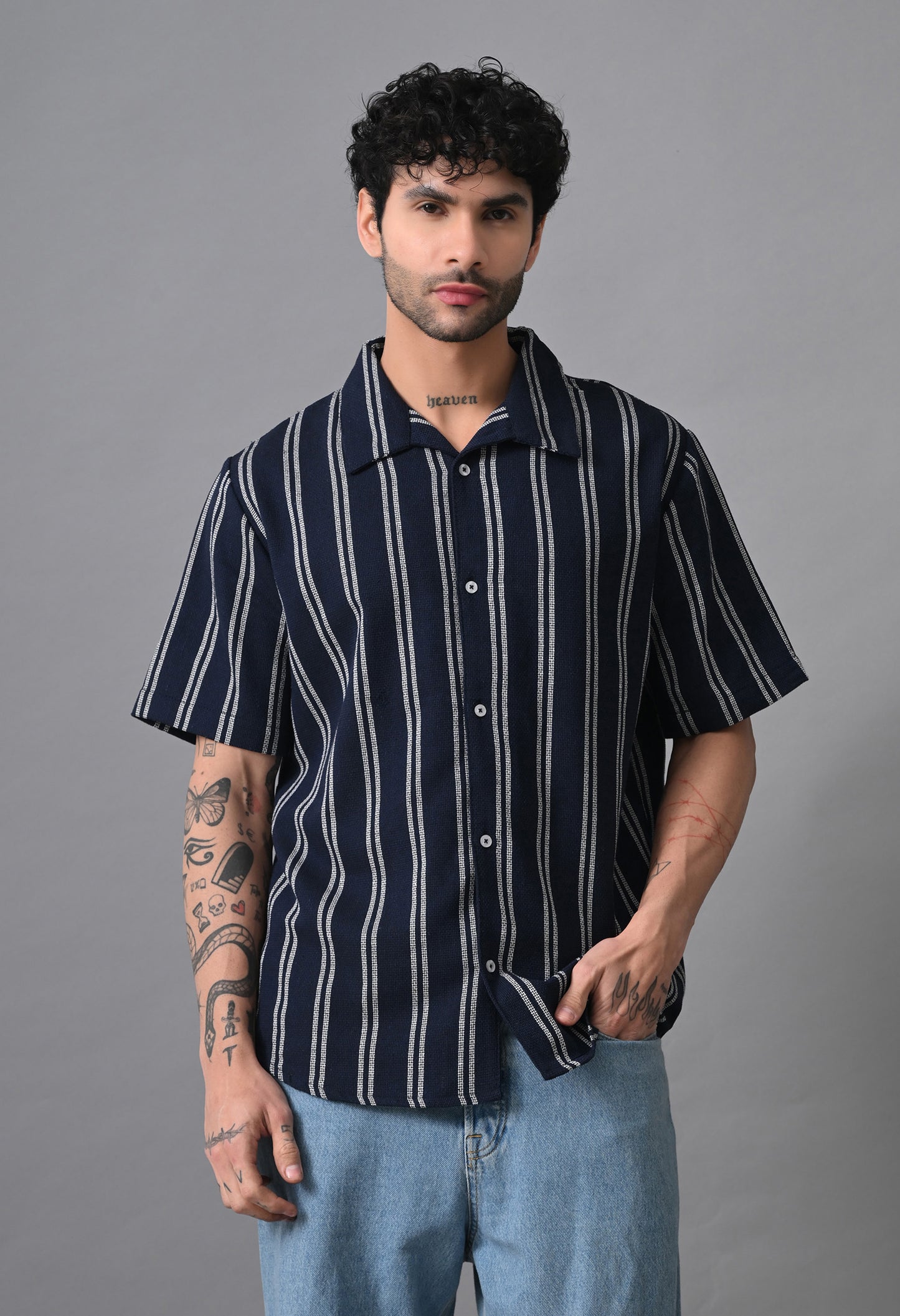 Navy Blue Men's Cotton Poplin Striped Regular Fit Full Casual & Semi Formal Shirts