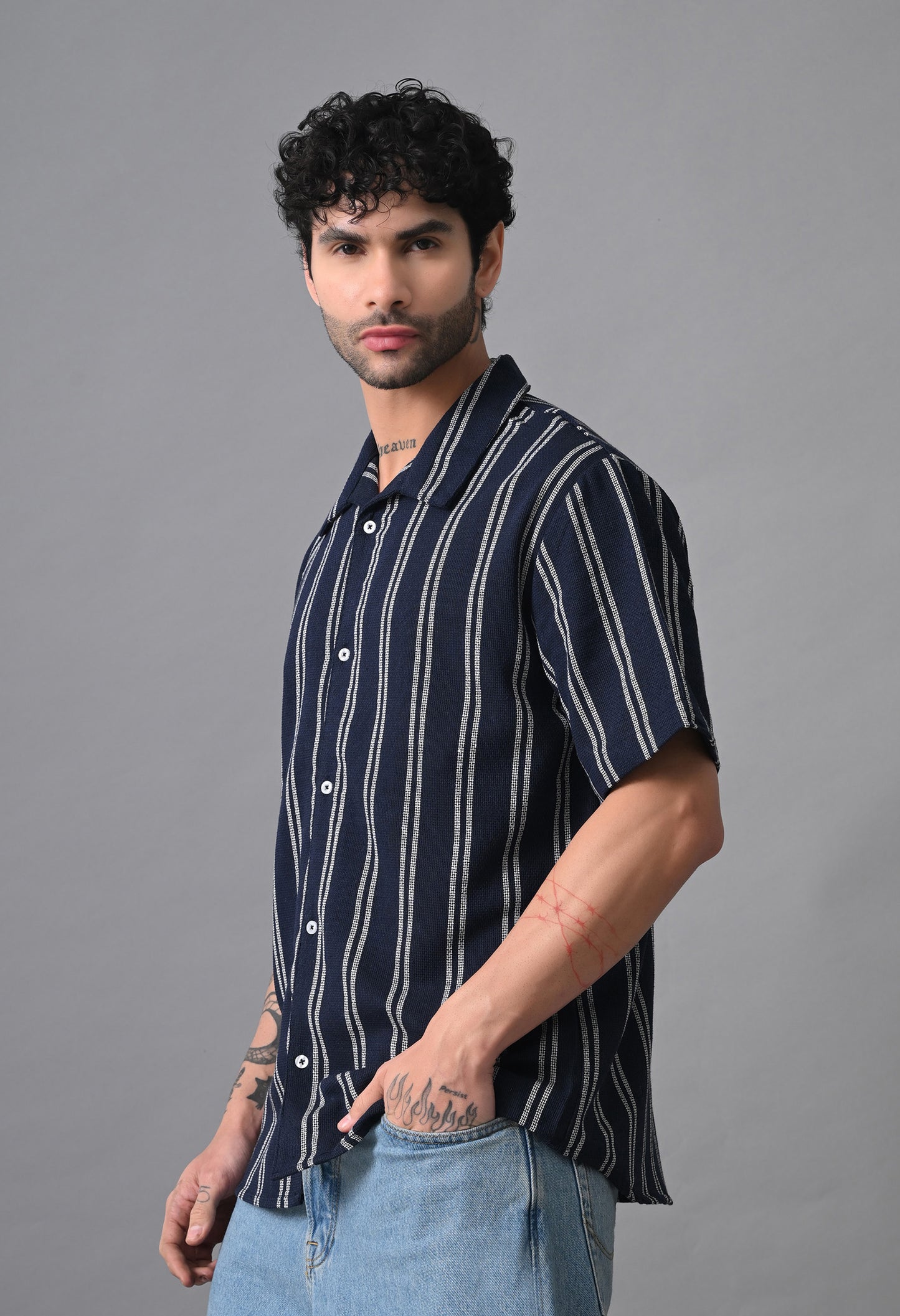 Navy Blue Men's Cotton Poplin Striped Regular Fit Full Casual & Semi Formal Shirts