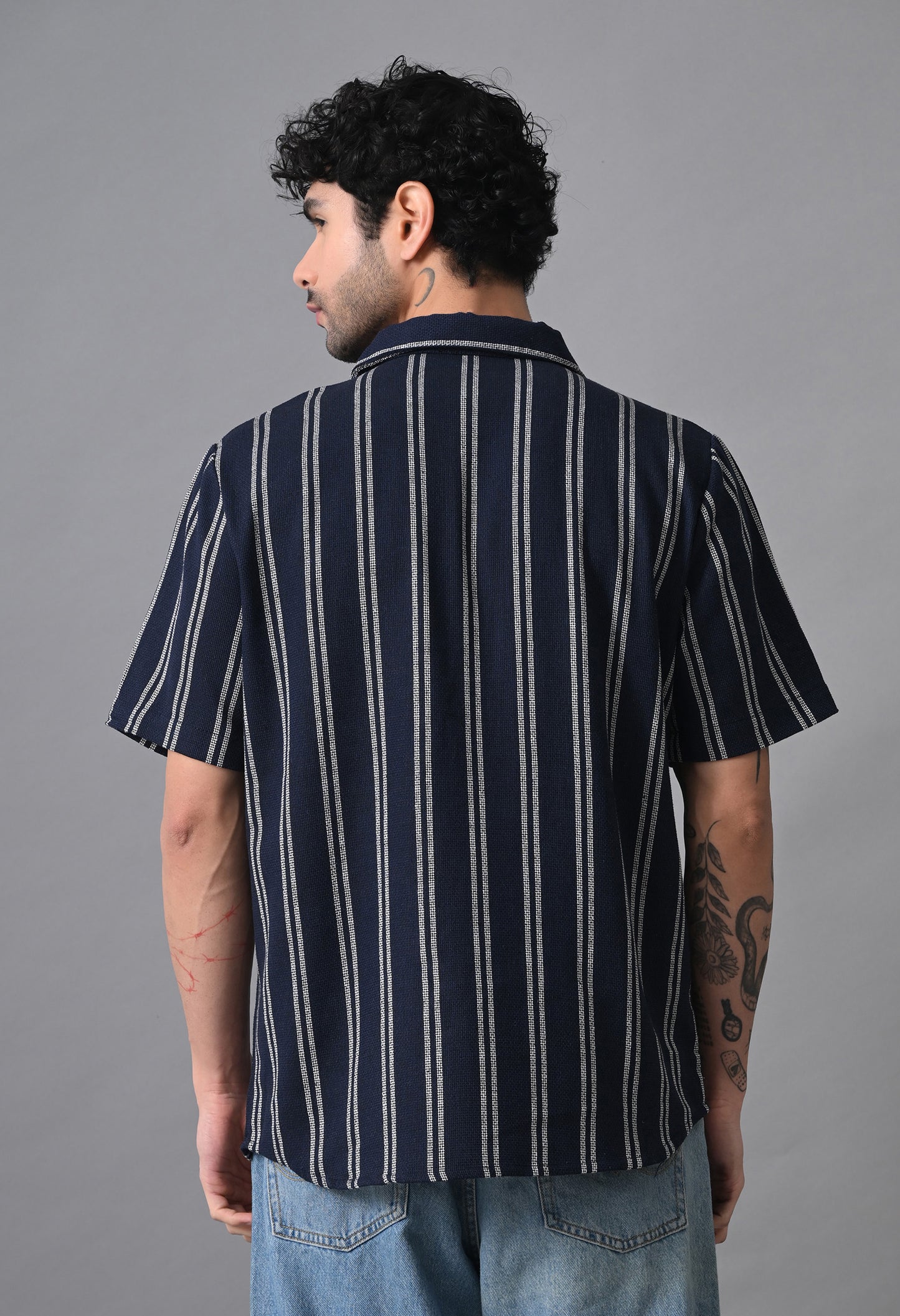 Navy Blue Men's Cotton Poplin Striped Regular Fit Full Casual & Semi Formal Shirts