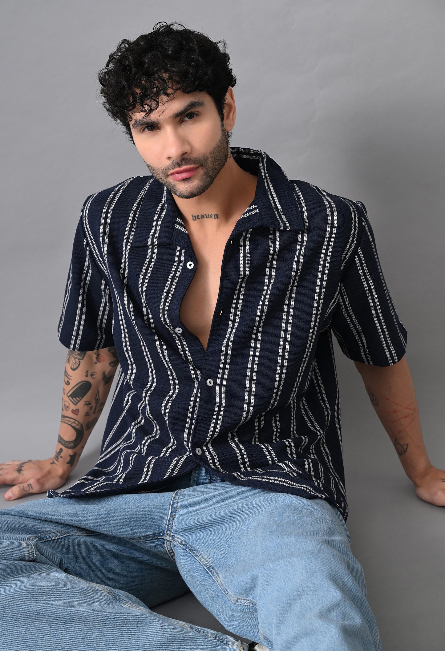 Navy Blue Men's Cotton Poplin Striped Regular Fit Full Casual & Semi Formal Shirts