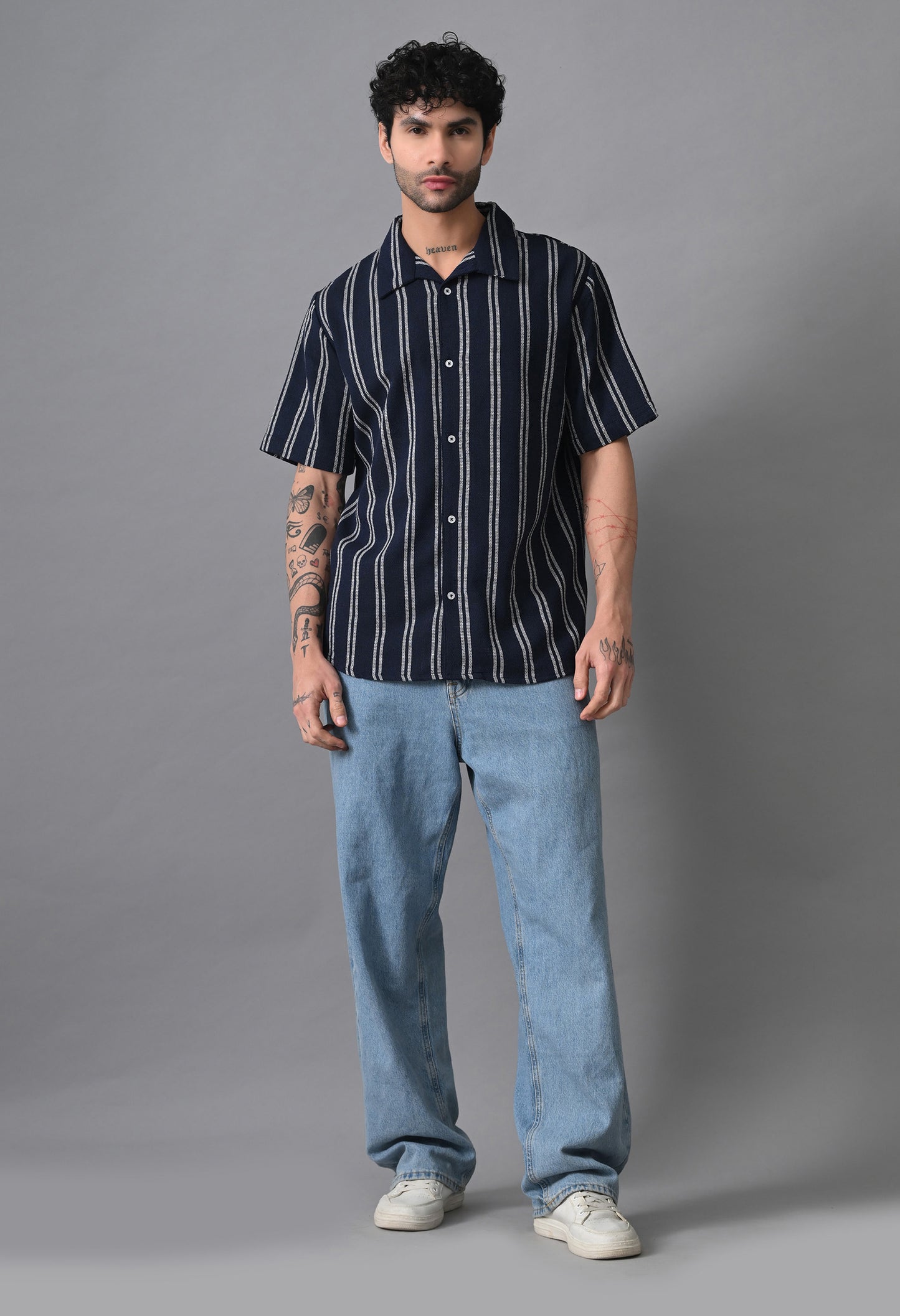 Navy Blue Men's Cotton Poplin Striped Regular Fit Full Casual & Semi Formal Shirts