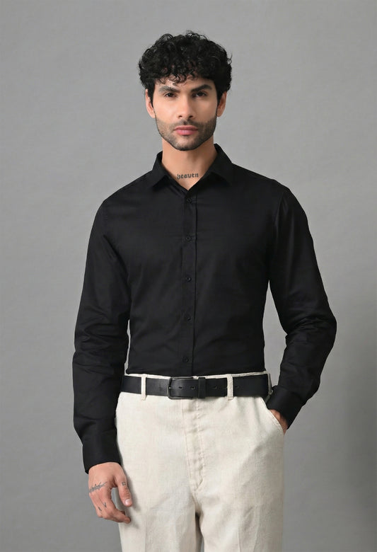 Black Solid Men's Cotton Poplin Regular Fit Full Sleeve Formal Shirts